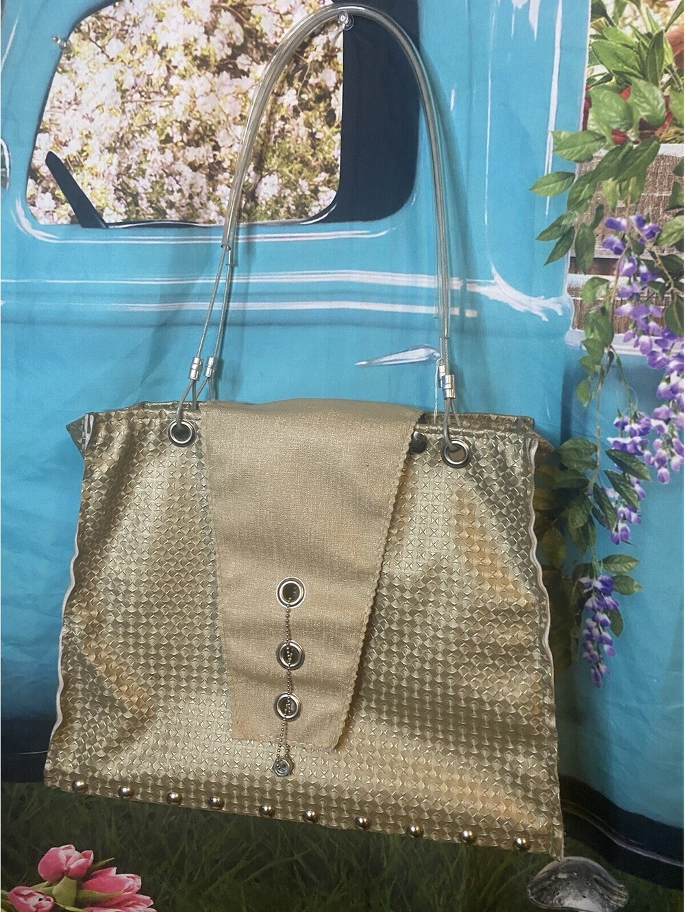 Hardware By Renee Industrial Women’s Shoulder Bag Gray/Tan Silver Studs Wooden B